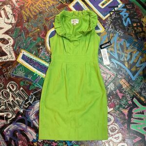 Vintage 90s Julian Taylor Textured Lime Green Ruffle Collar Sheath Dress - NWT​